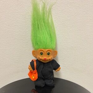 Russ Vintage Green-Haired Halloween Black Cat missing ears costume Troll Doll